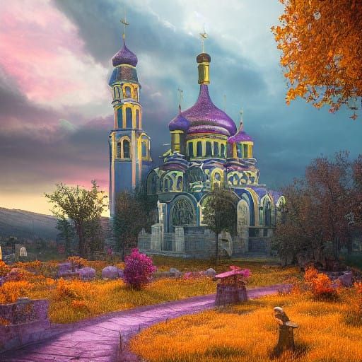 Mystical Ukrainian Cityscape at Dusk in High-Fantasy Style