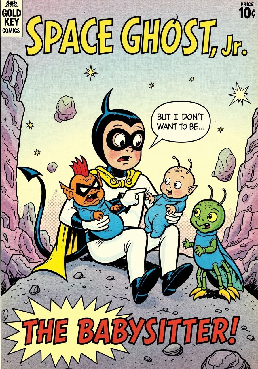 Space Ghost Jr. as a Reluctant Babysitter in Retro Comic Sty...