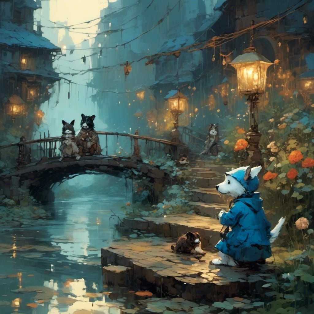 Puppy in the Rain Under a Bridge