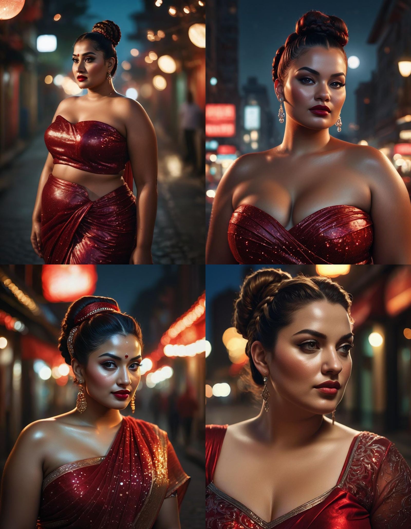 Curvy Woman in Red Saree, Night Street Portrait