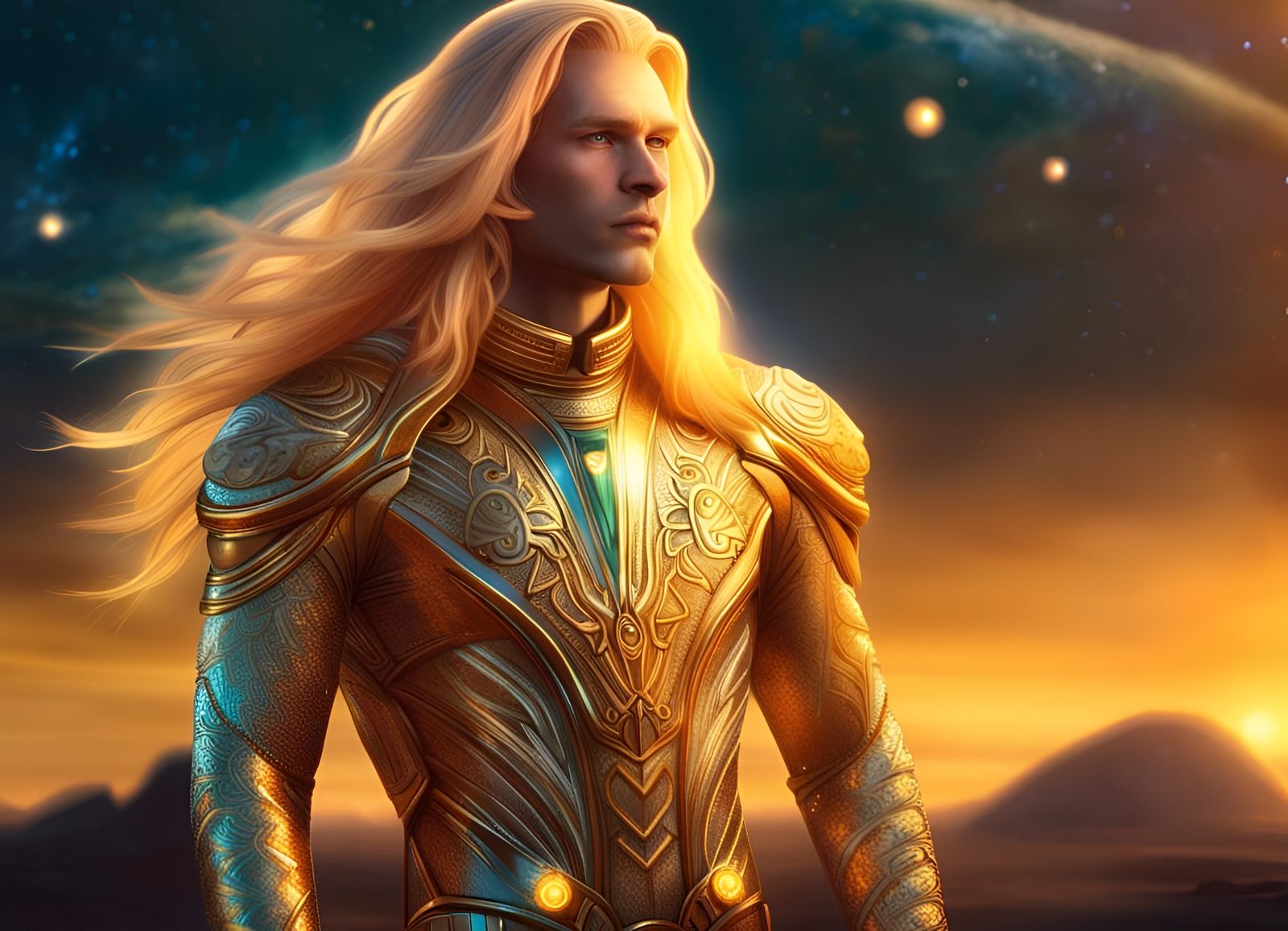 Handsome Nordic Alien in Golden Hour Landscape