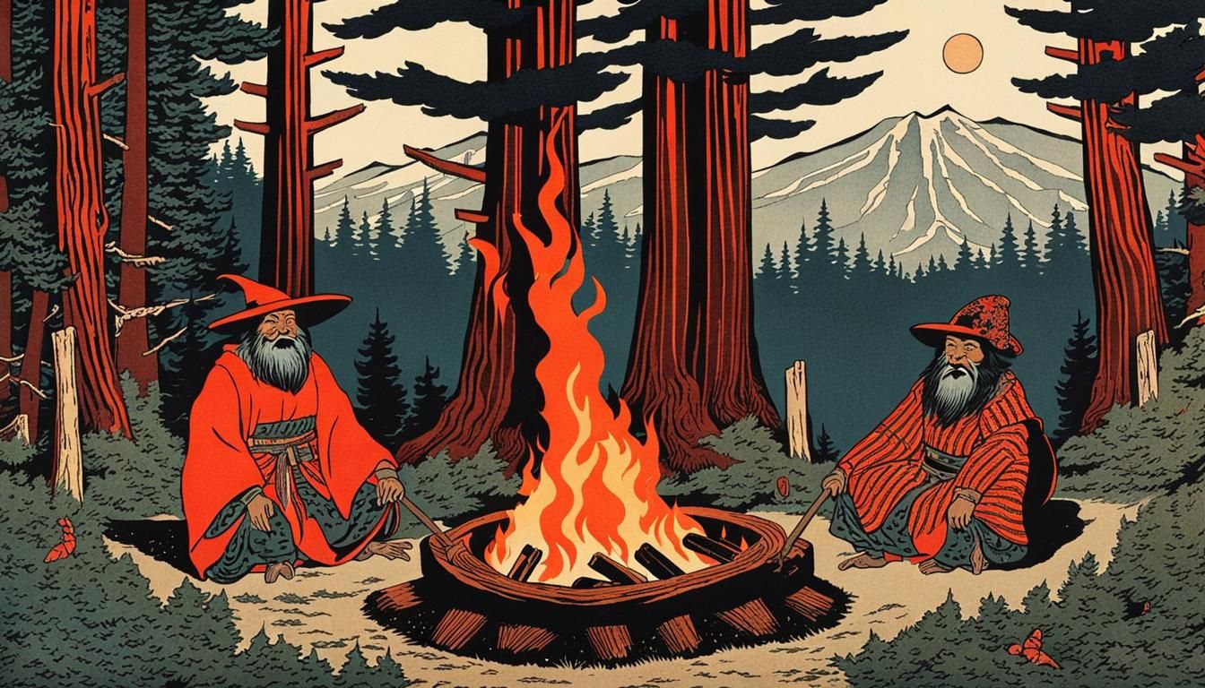 Sequoia Forest Tengu Fairies in Ukiyo-e Style