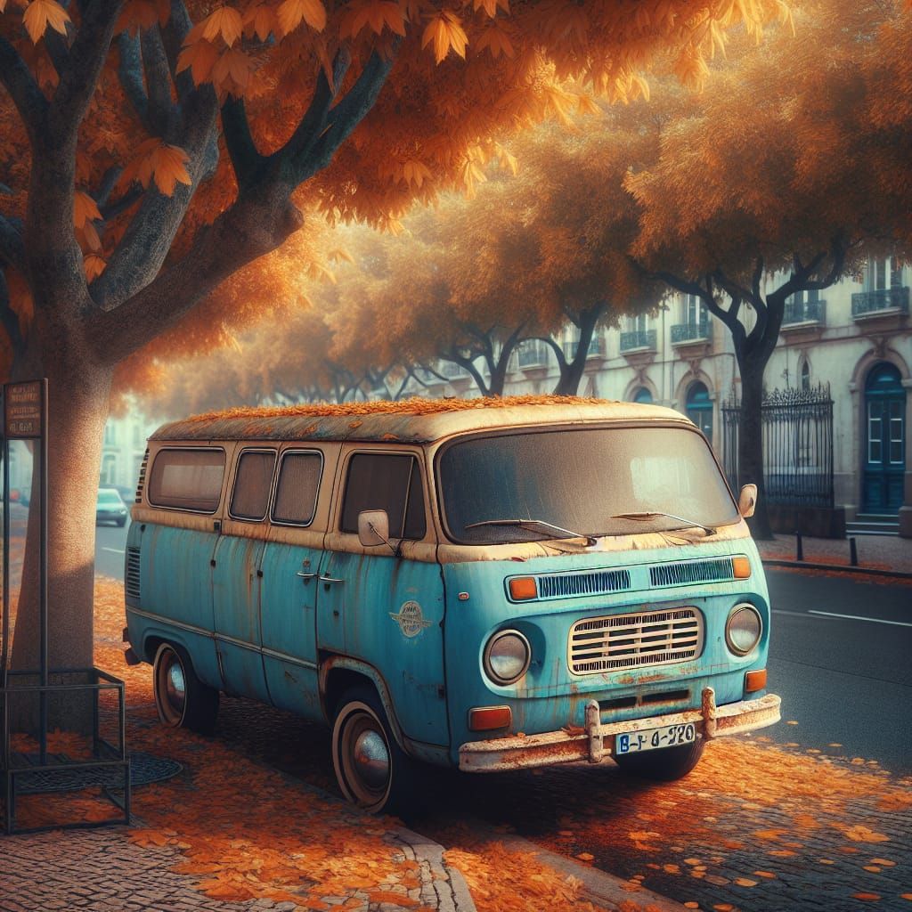 Vintage Blue Van in Autumnal Setting