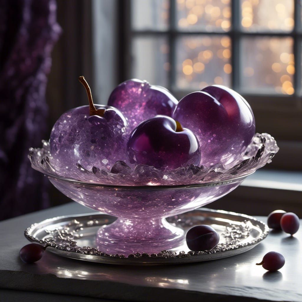 Hyperrealistic Glass Plum with Sunlight Reflections