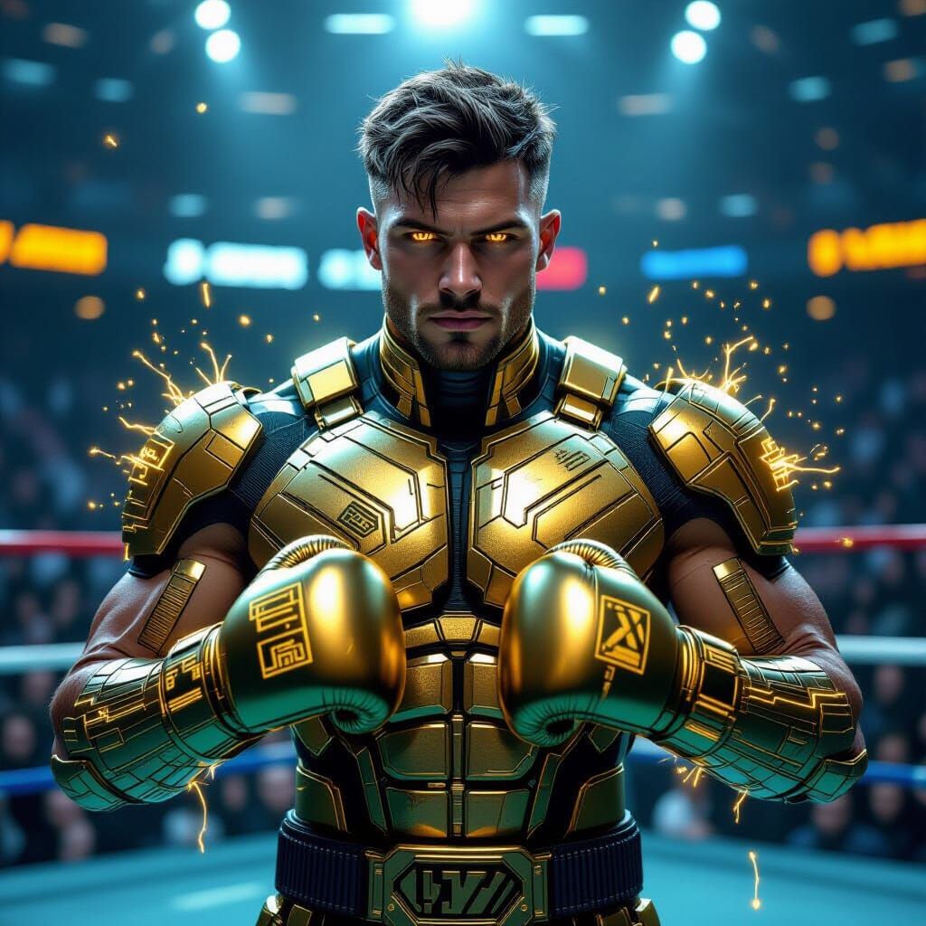 Heroic Figure in Futuristic Arena with Championship Armor