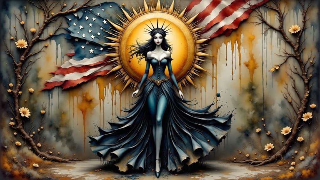 <lora:Mixed watercolors:1.0> <lora:Flux inksplash fairy:1.0> Sculptural, stylized depiction of Lady Liberty.  Beautiful ...