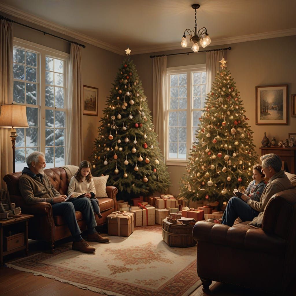 Cozy Winter Family Gathering in a Rustic Living Room