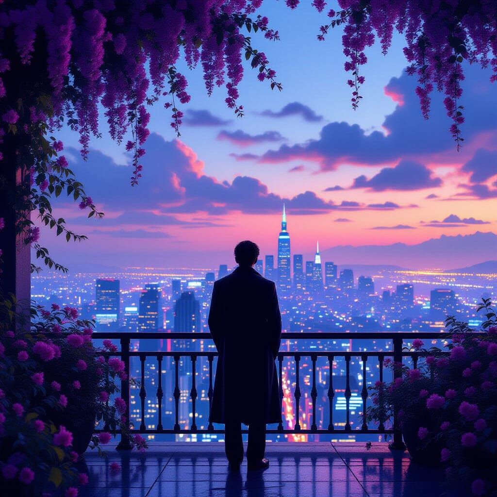 Figure on Balcony Overlooking Neon Cityscape at Dusk