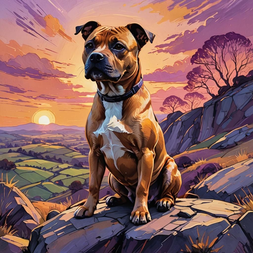 Staffordshire Terrier Gazing at Sunset as Van Gogh Painting