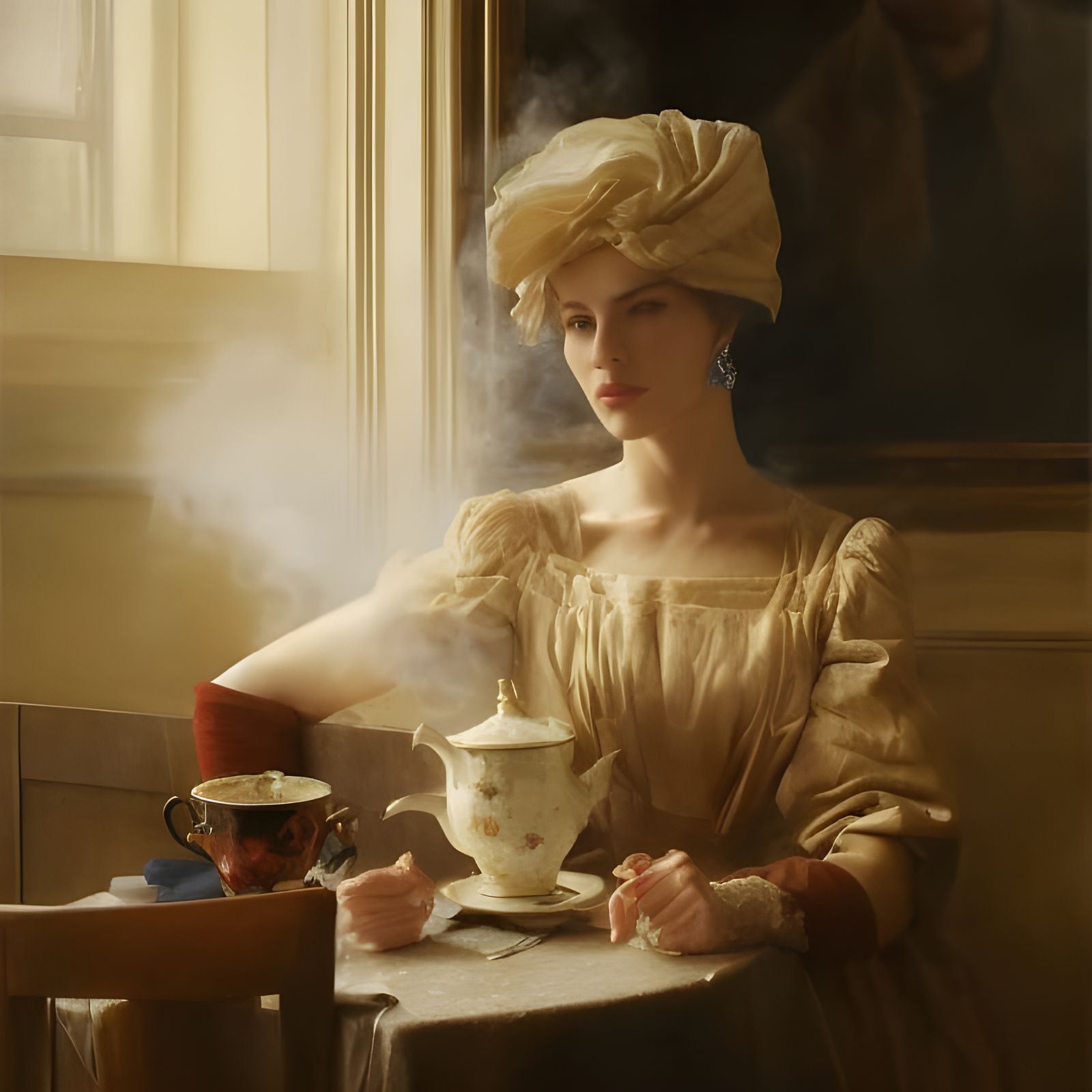 Beautiful Woman Having Tea, Photorealistic Painting