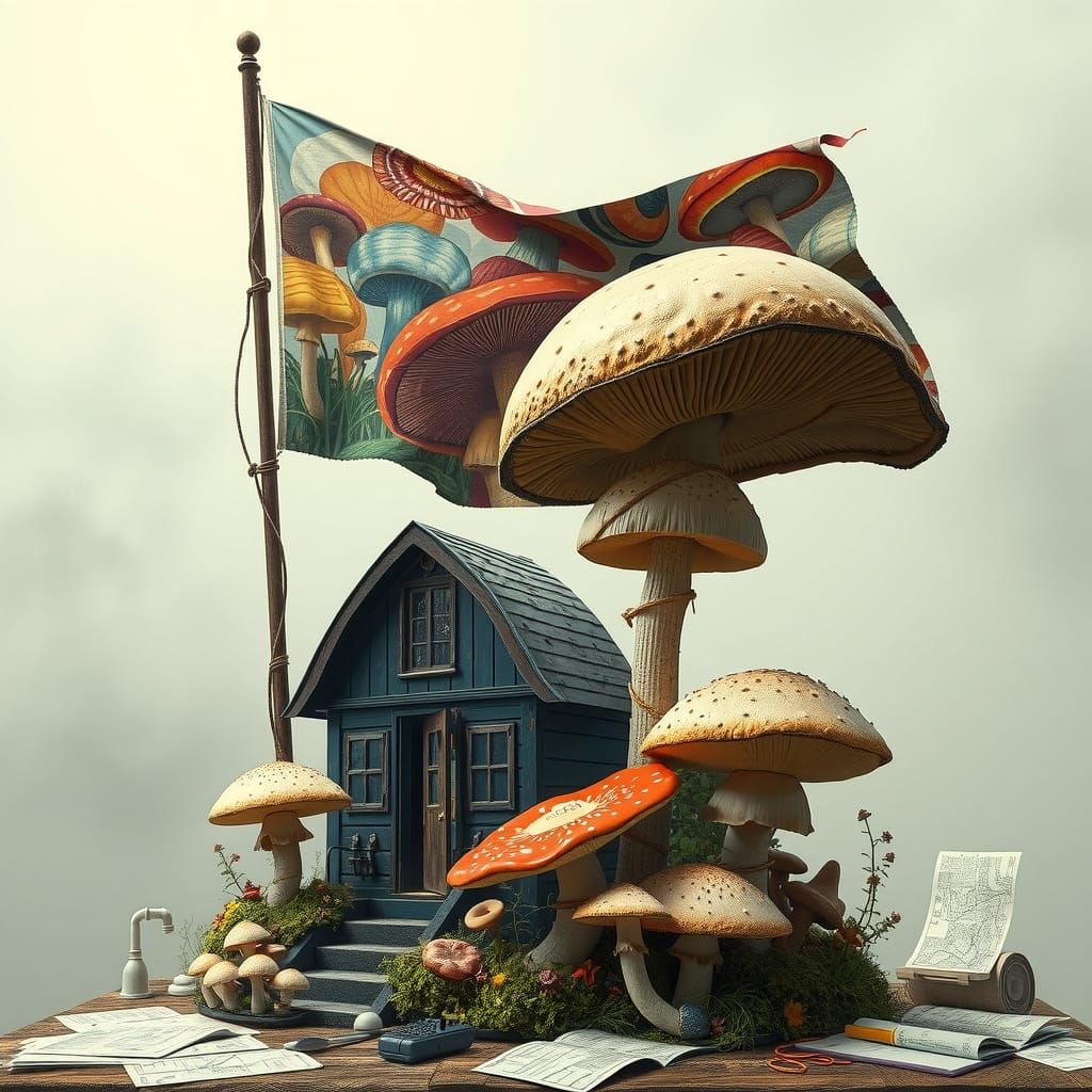 Surreal Mushroom Flag in Brutalist Cabin with Vintage Machin...