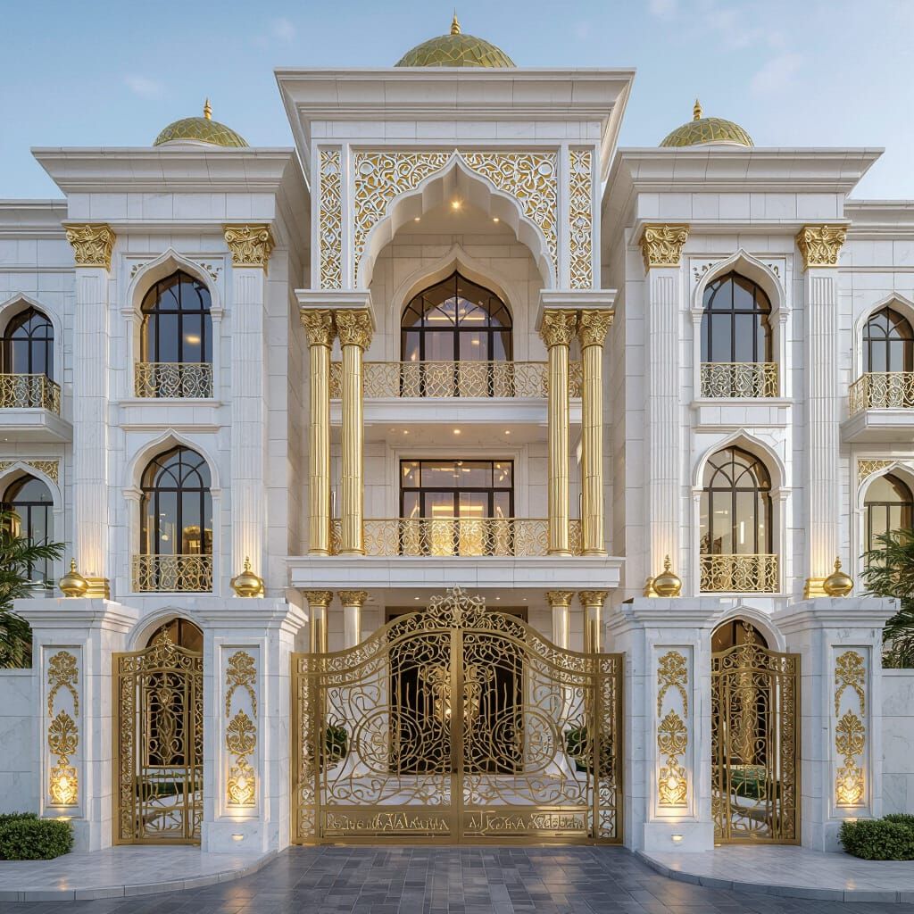 Majestic Metallic Palace Facade with Gold Accents
