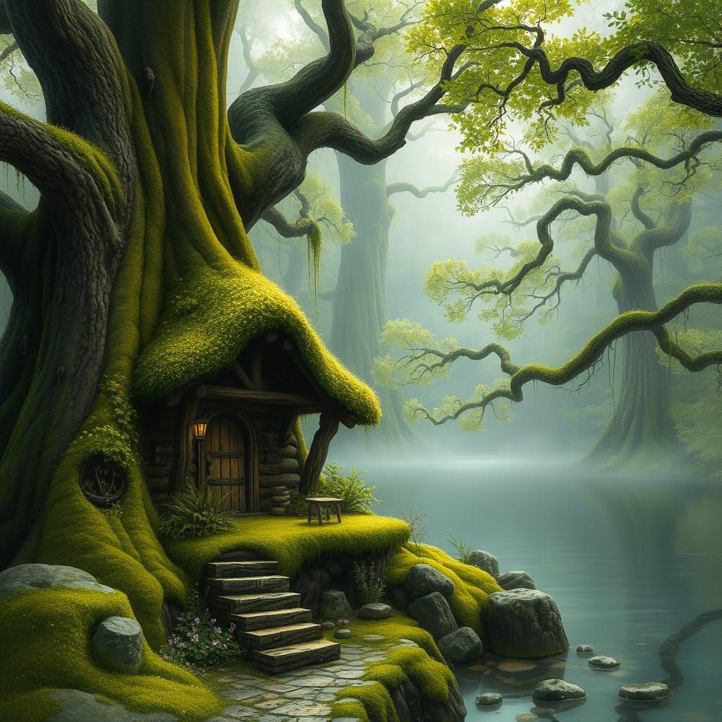 Ancient Forest Haven with Whimsical Woodland Cabin