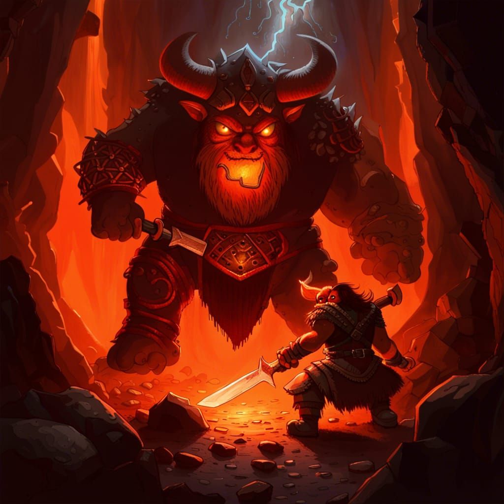 Dwarf and Minotaur in Lamplit Cavern