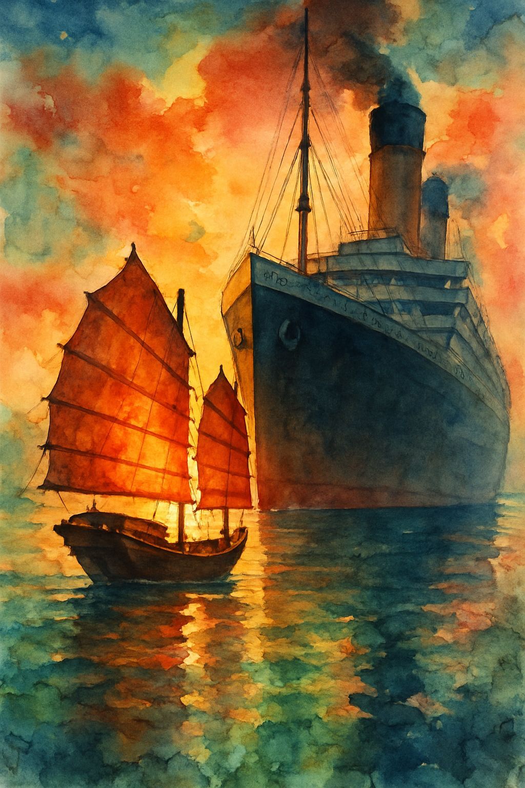 Chinese Junk and Ocean Liner Watercolor Sunset