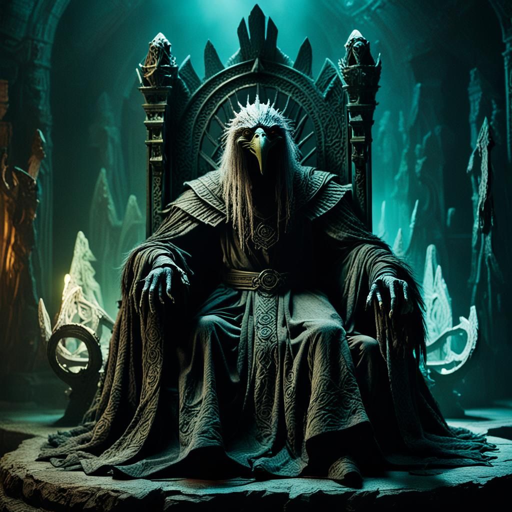 Dark Fantasy Skeksis in Dimly Lit Chamber