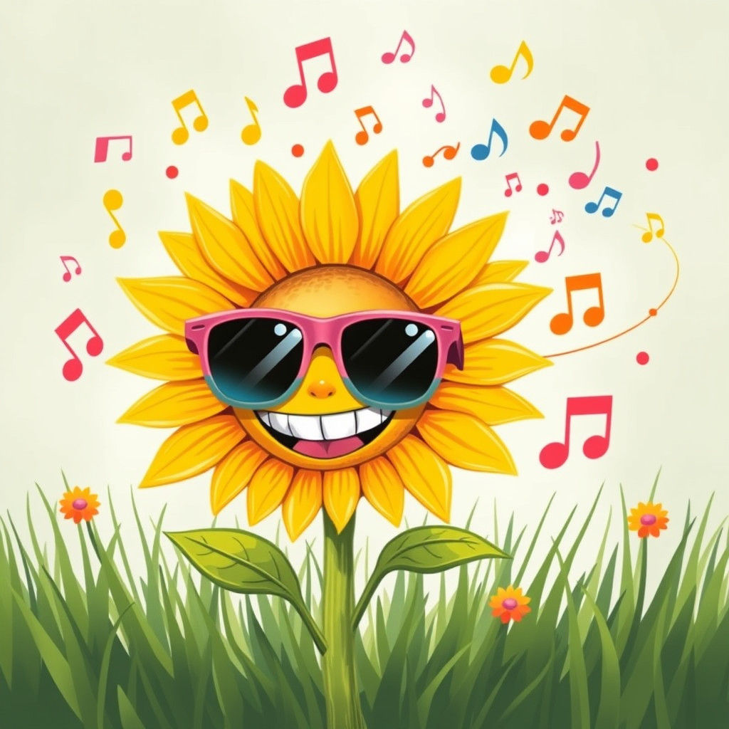 Smiling Sunflower with Sunglasses and Musical Notes