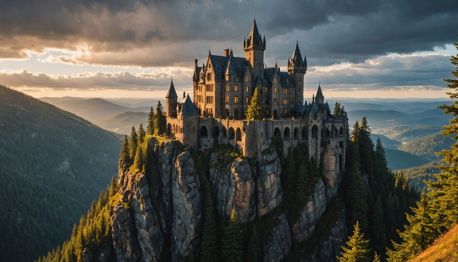 Gothic Mansion Perched on Cliff at Golden Hour
