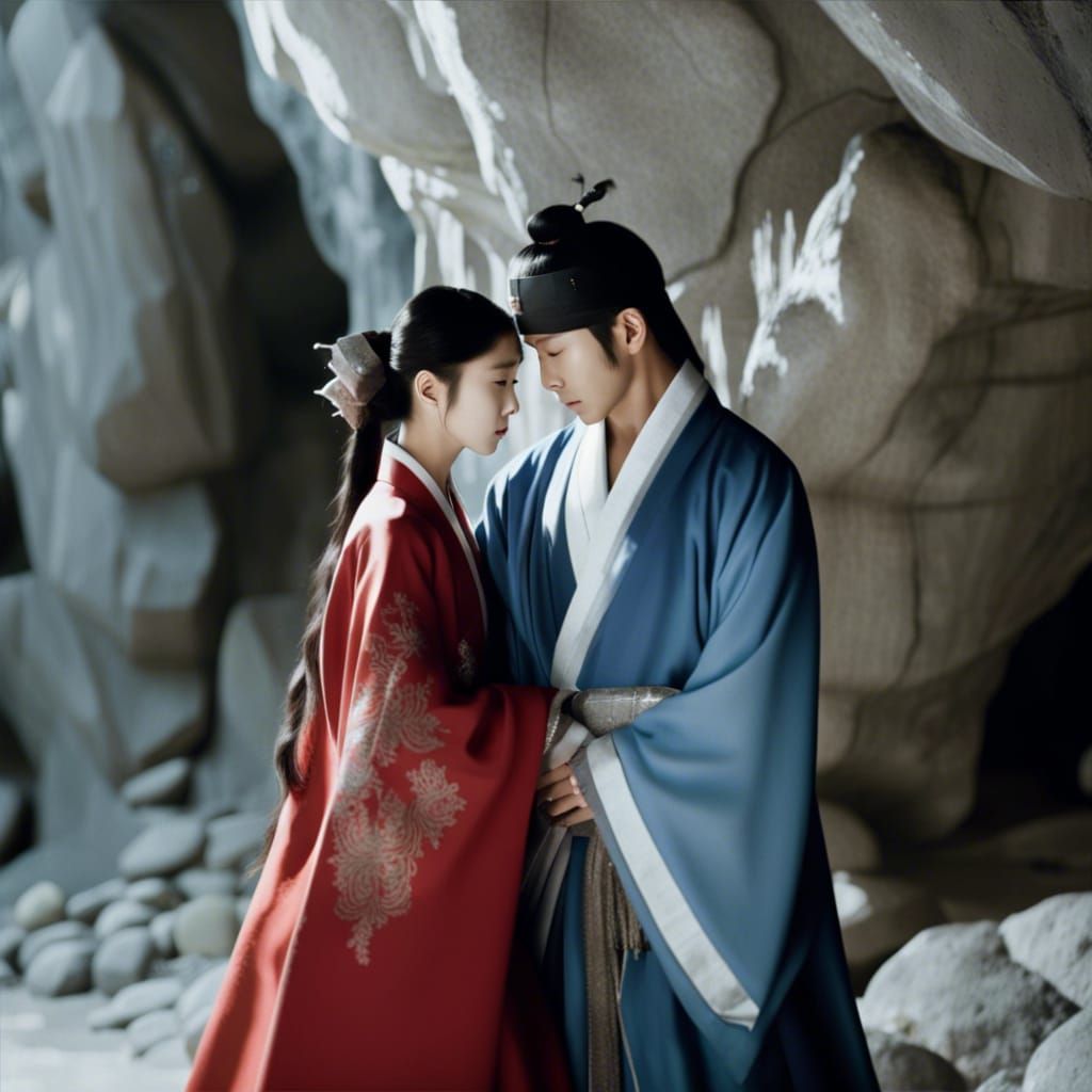 Lovers Embrace in Crystalline Cave, K-Drama Style