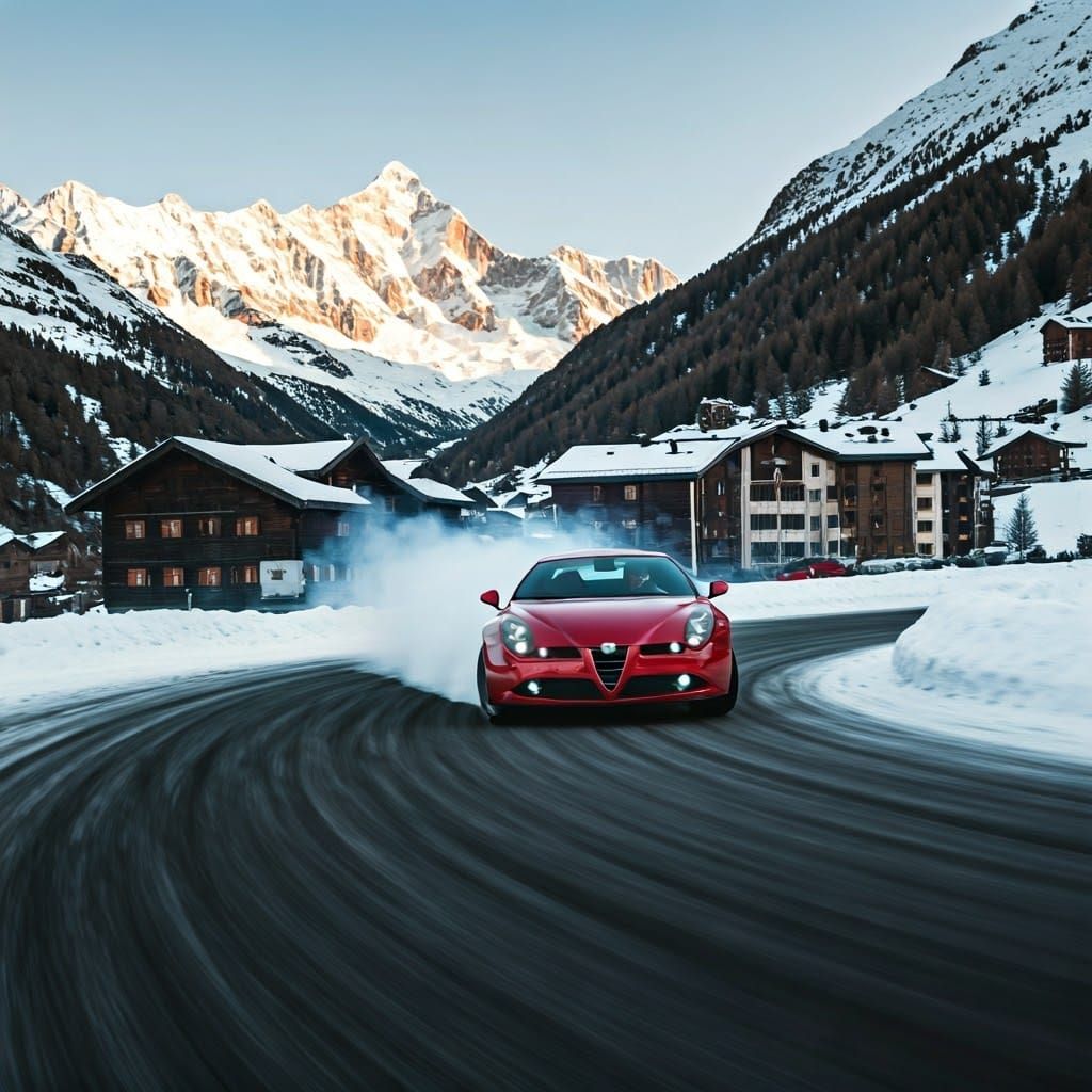 Red Alfa Romeo Murcielago Drifts Through Enchanted Zermatt A...