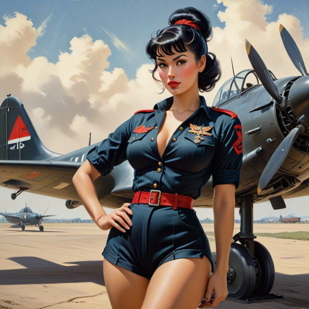 Confident Pin-Up Woman Soldier in 1950s Uniform Oil Painting