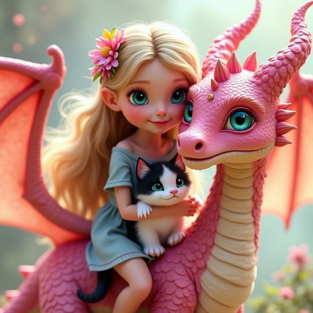 Majestic Pink Dragon and Young Rider in Whimsical Landscape