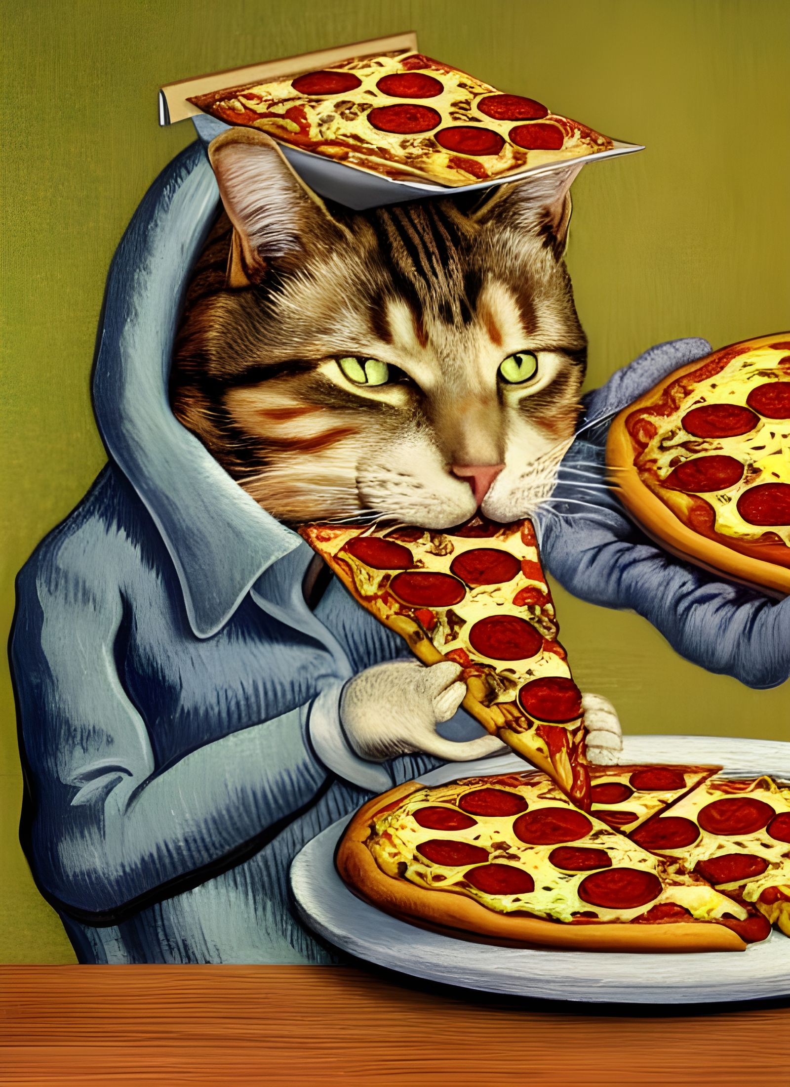Cat Eats Pizza in Surreal Expressionist Style