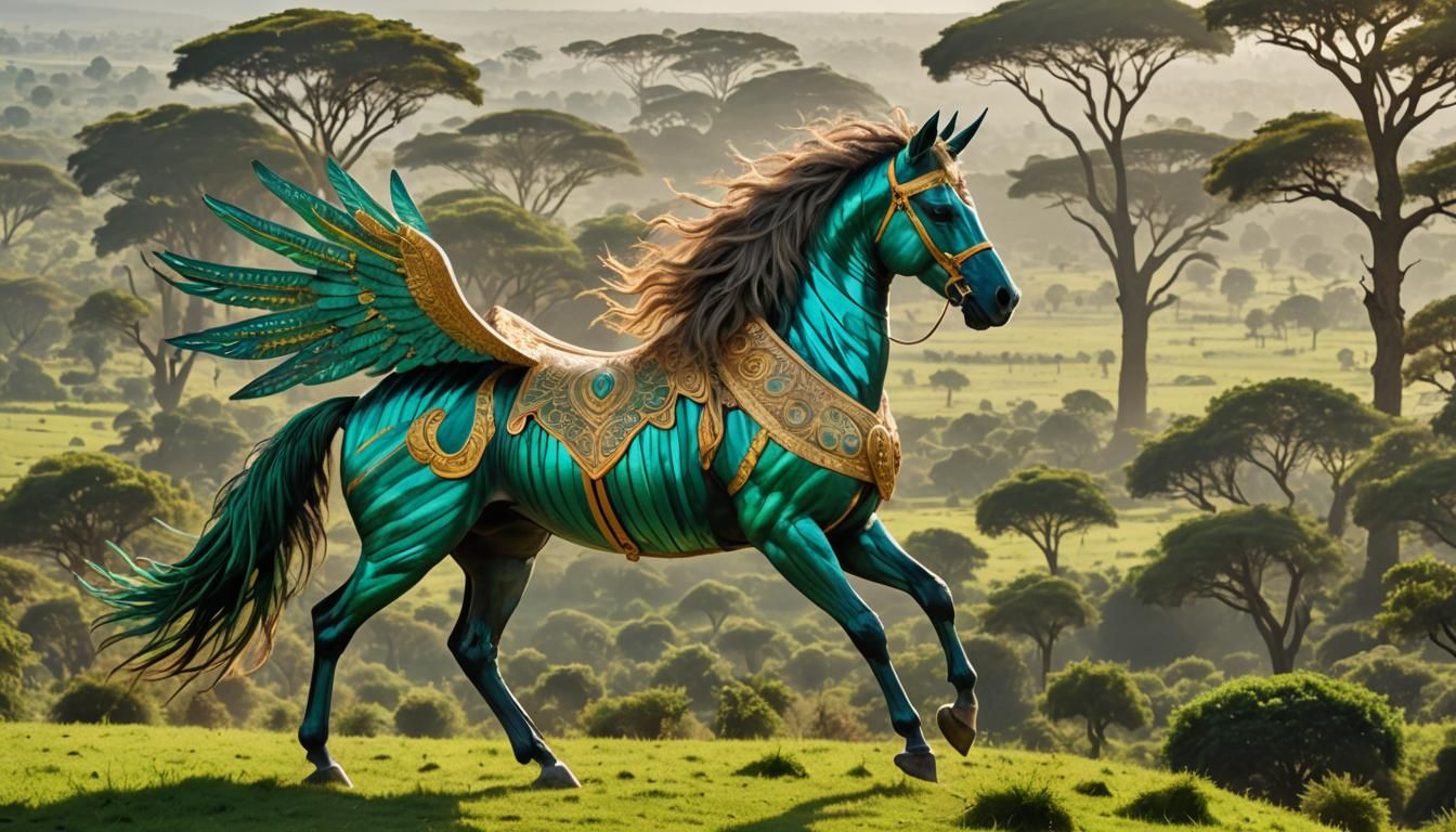 Ethiopian Pegasus Soaring Above Emerald Meadows