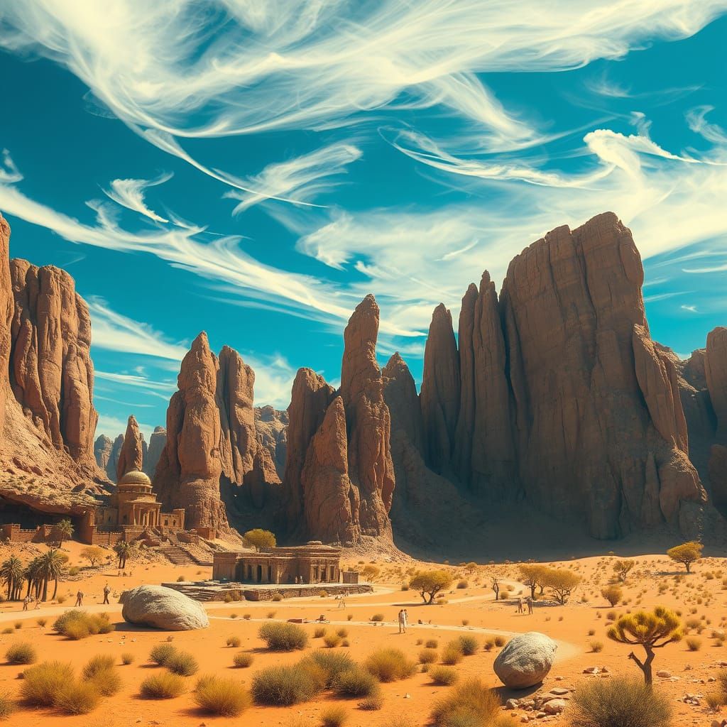 Golden Desert Oasis in a Vast, Burning Landscape