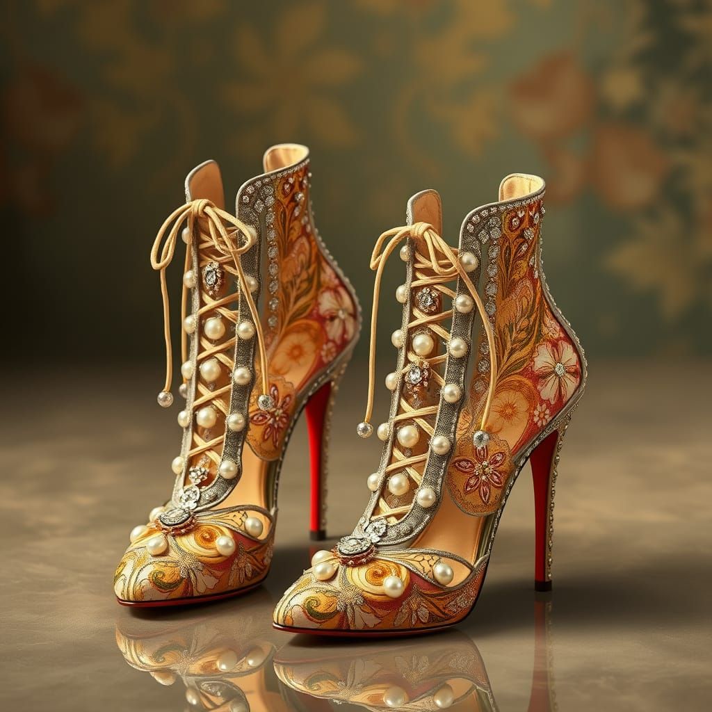 Ornate Lace-Up Stilettos in Art Nouveau Style