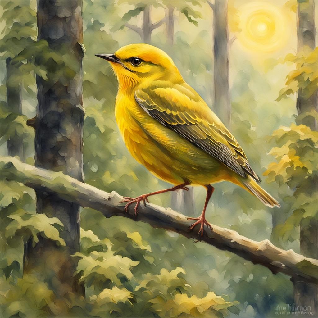 Yellow Warbler in Forest: Watercolor Impasto Style