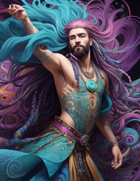 Psychedelic Bearded Man Dancing in Flowing Gown