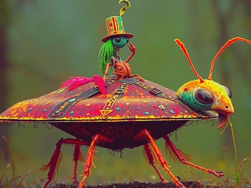 Surreal Swamp Scene with Anthropomorphic Ant and UFO