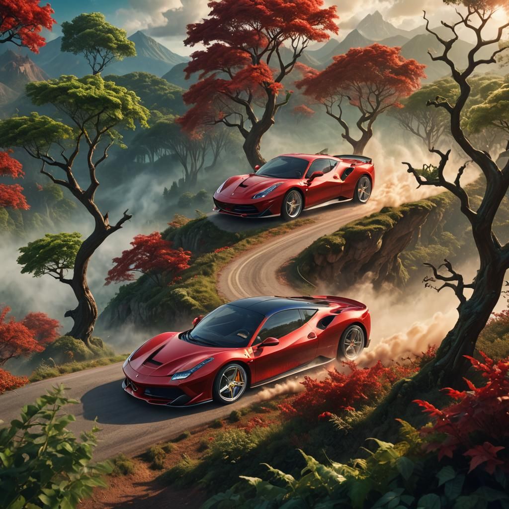 Red Ferrari Races Through Dreamlike Landscape