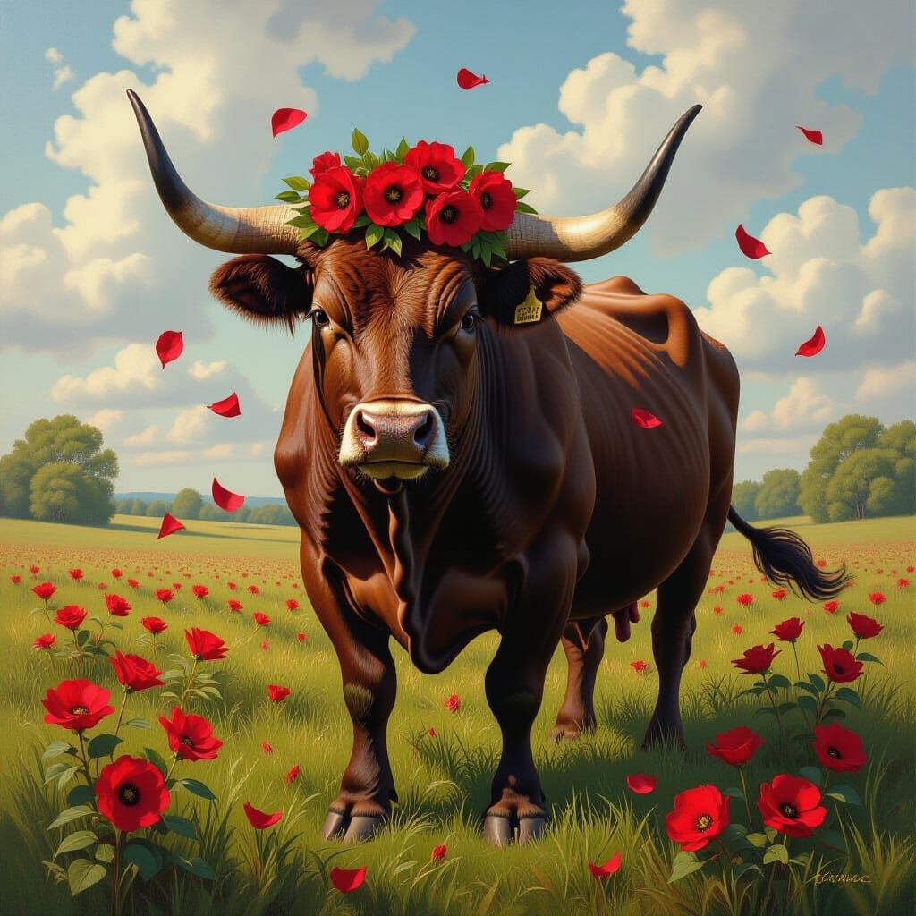 Taurus Bull with Crimson Flowers in Lush Spring Meadow