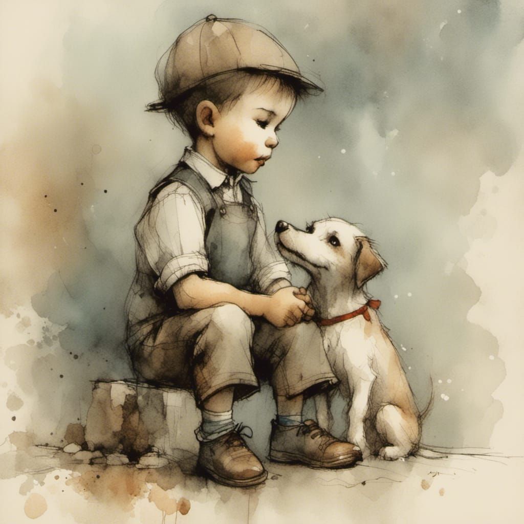 Toddler and Dog in Vintage Charcoal Style