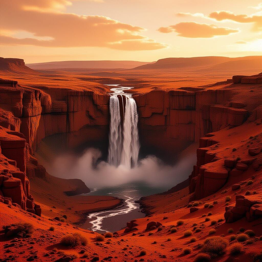 Martian Waterfall in Sci-Fi Cinematic Style