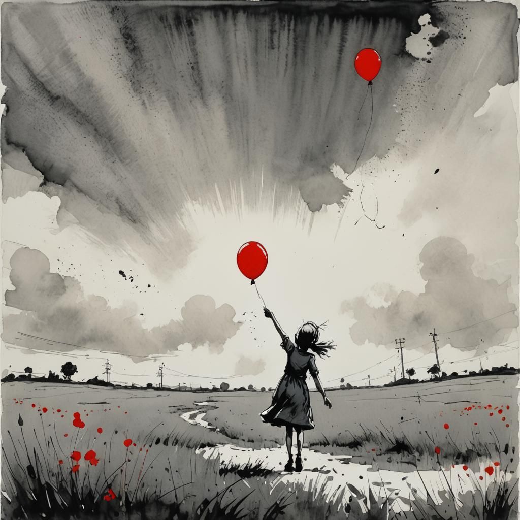 Girl with Red Balloon in Watercolour Style