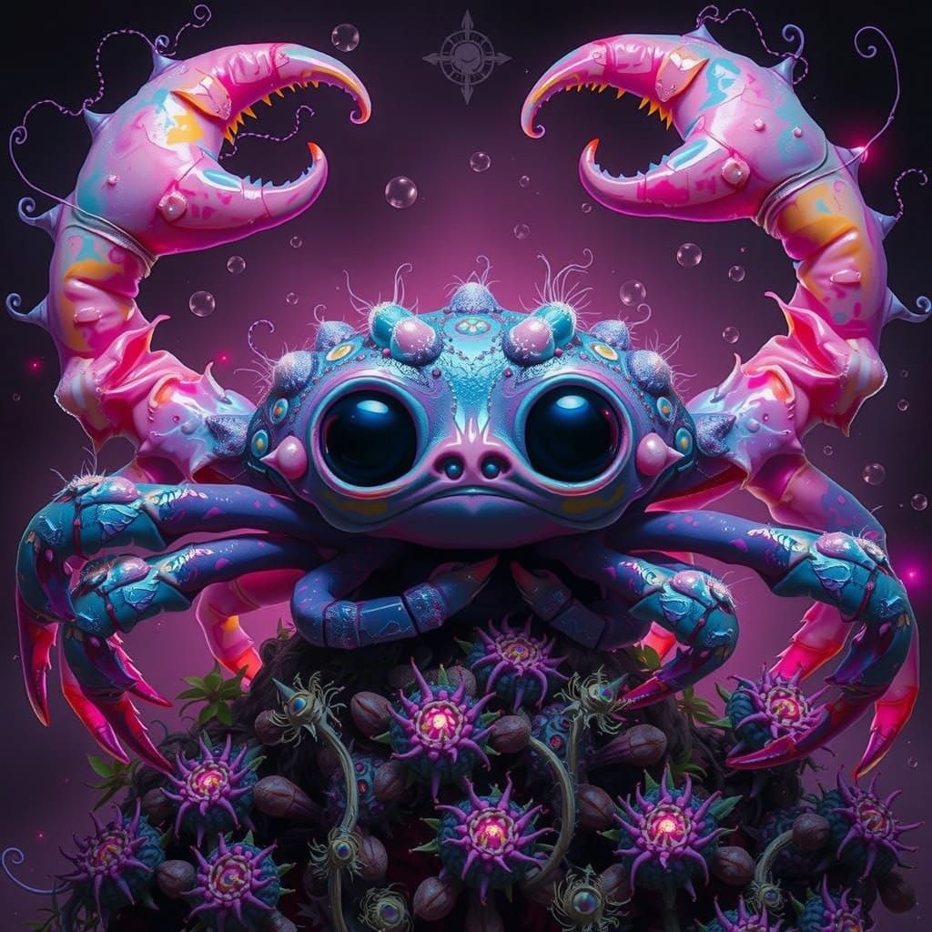 Dystopian Dreamscape: A Magical Crab in Neon Fantasy