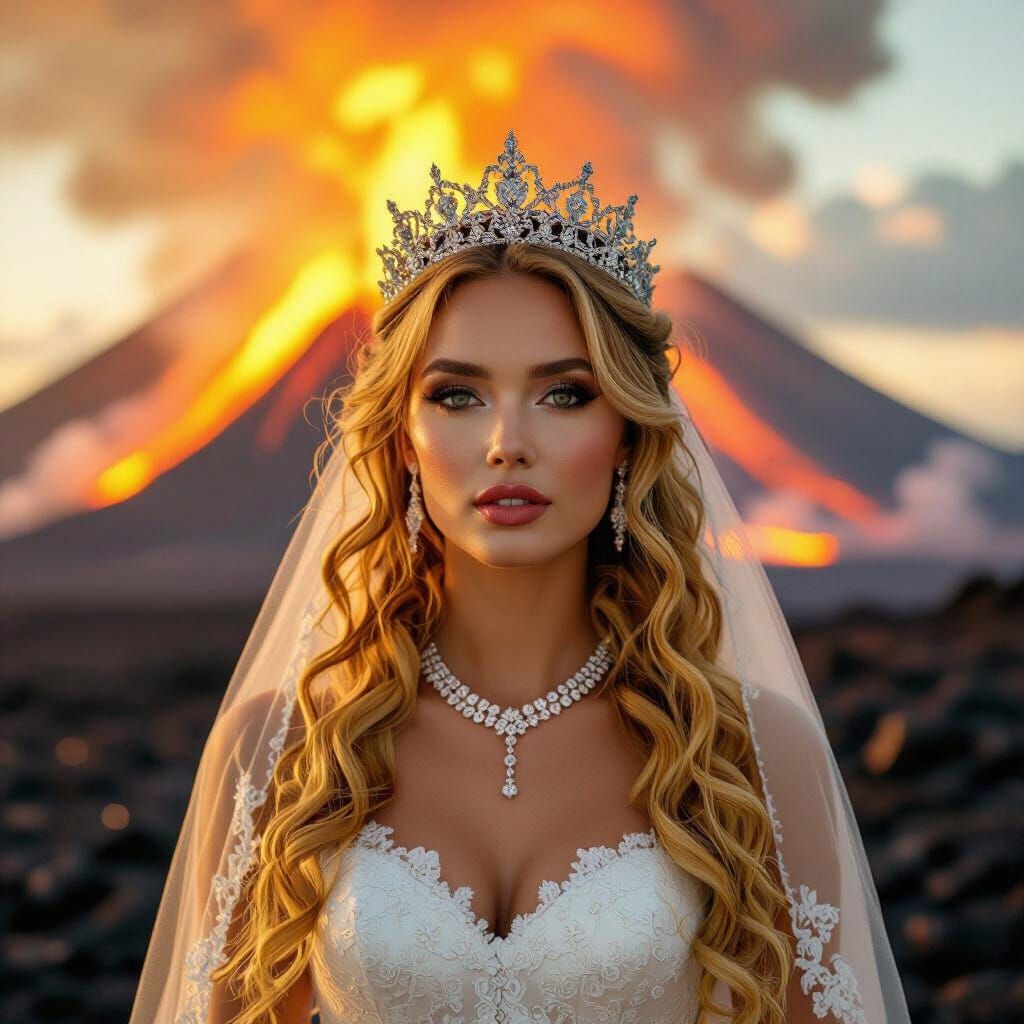 Cinematic Bride Portrait with Exploding Volcano Backdrop