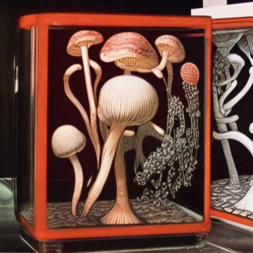 Giant Fly Agaric Mushrooms in Linocut Style