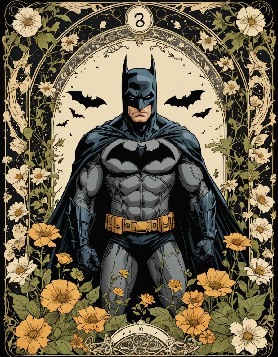 Batman Tarot Card with Floral Bat Border