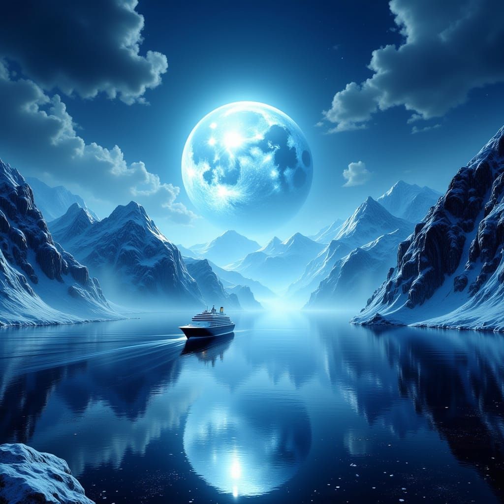 Frozen Fjord Cruise Ship in Surreal Moonlight
