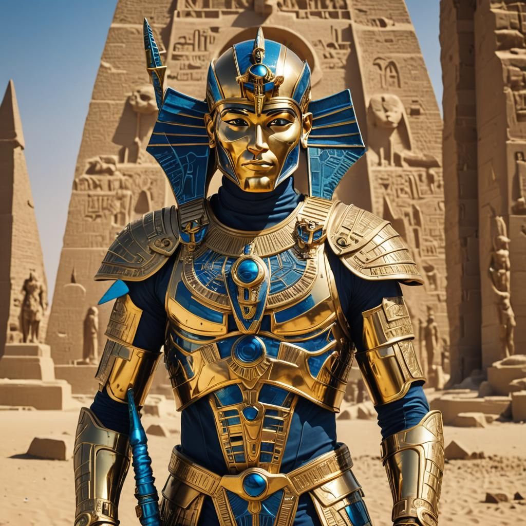 Futuristic Android King Portrait with Egyptian Pyramids