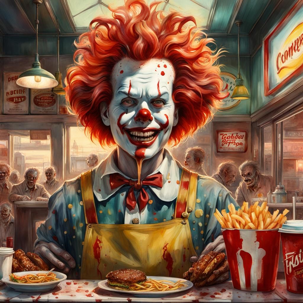 Macabre Monster in Fast Food Wasteland, Watercolor Art