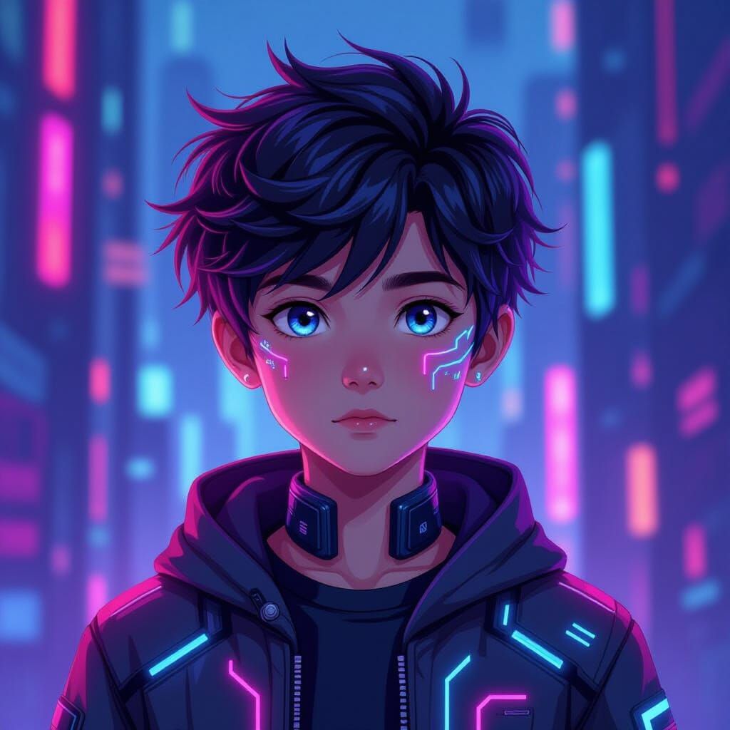 AI Boy as 13-Year-Old with Futuristic Cyberpunk Anime Style