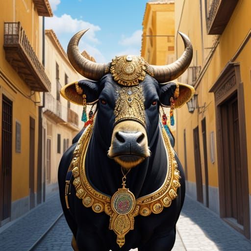 Vibrant Spanish Street Scene with Golden Pendant