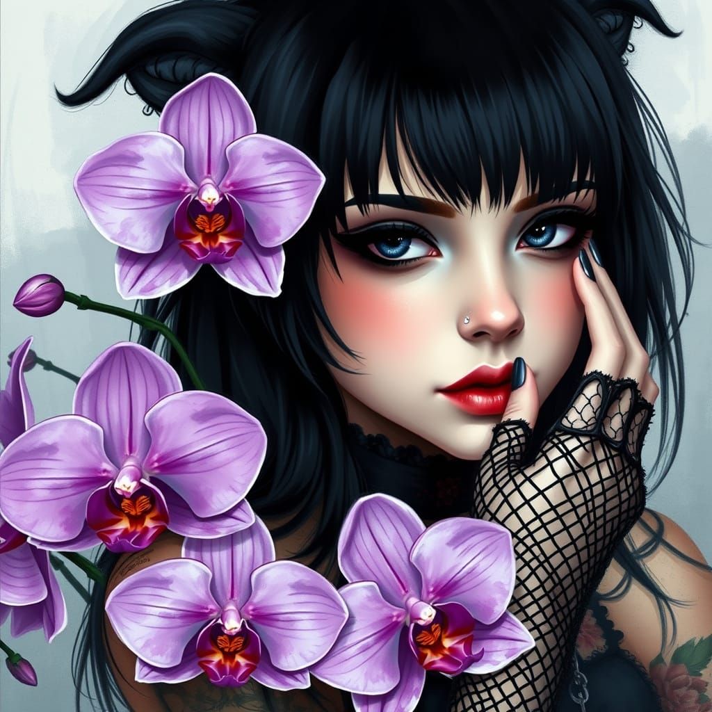 Goth Orchid Girl in Mystical Watercolor Dreamscape