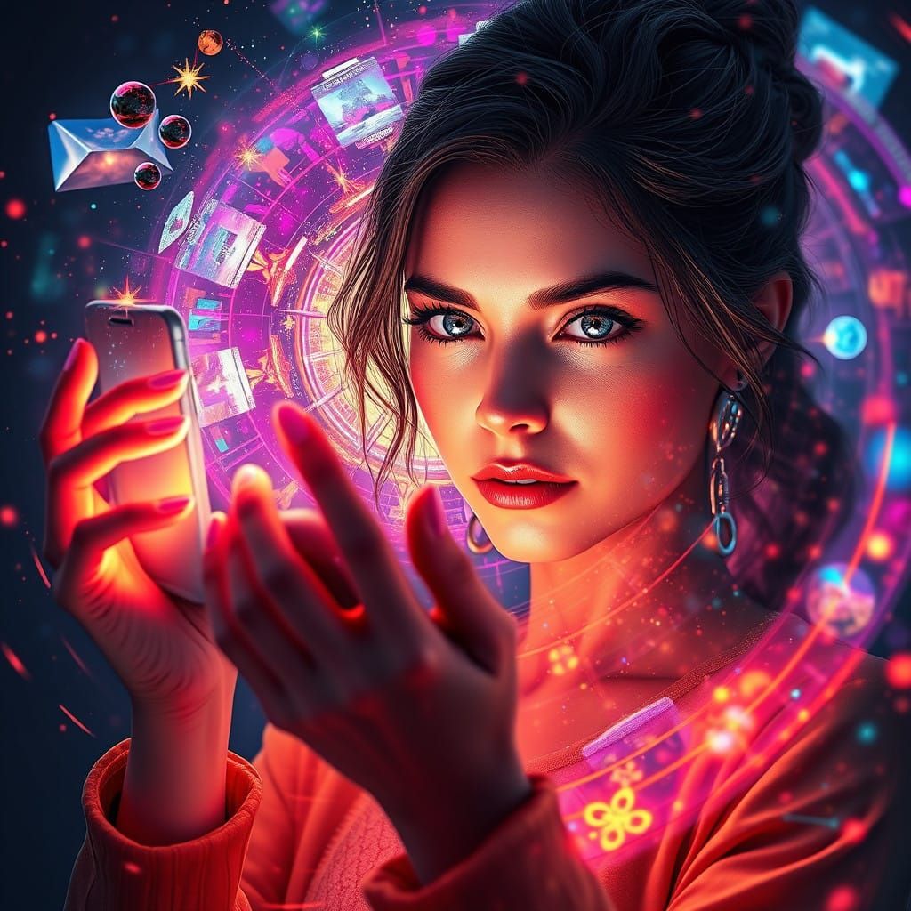 Woman Surrounded by Swirling Reality in Futuristic PC App