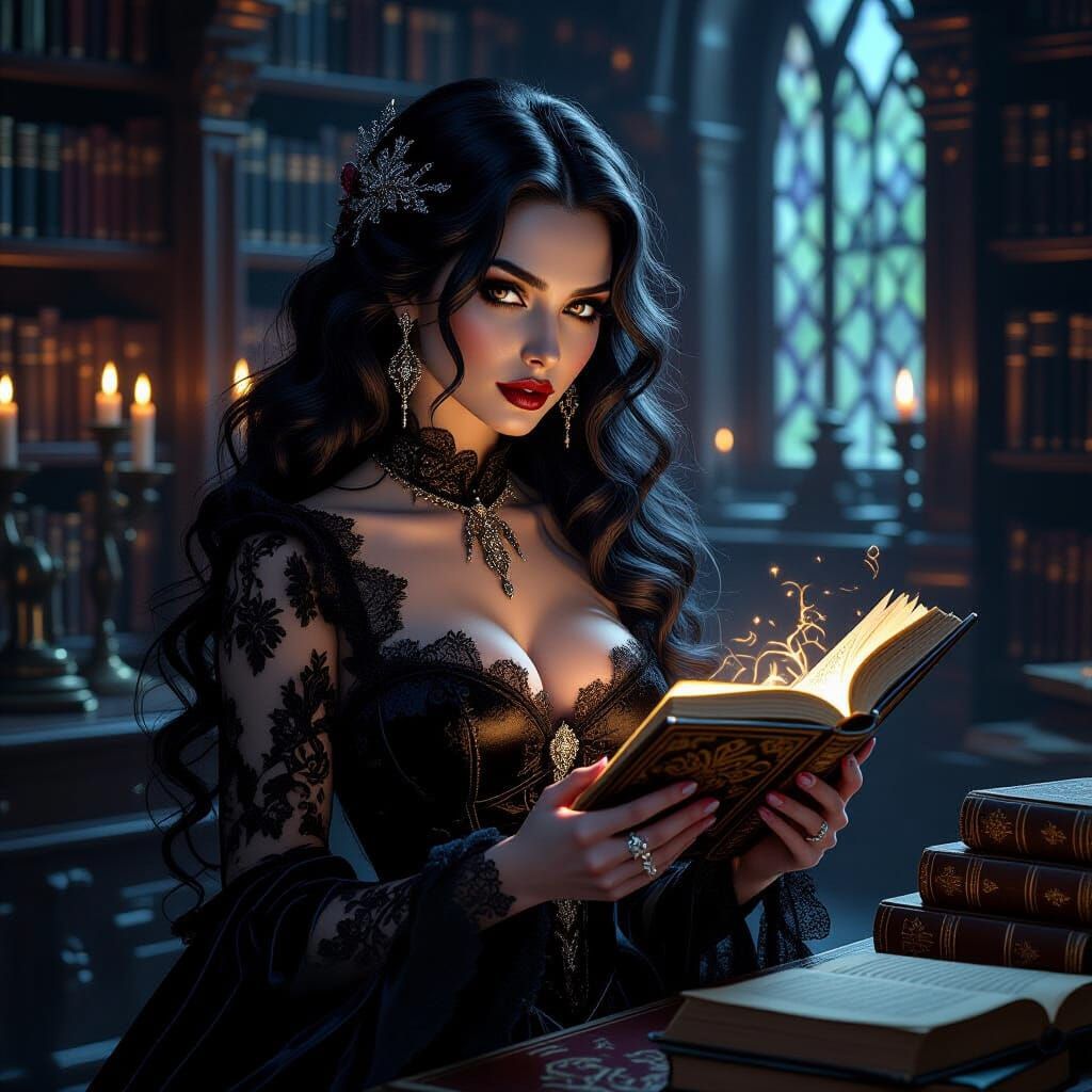 Gothic Woman in Library with Glowing Book